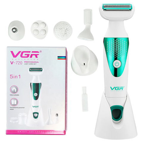 VGR V-720 5-in-1 Rechargeable Cordless Grooming Kit for Face, Legs, Underarms, Intimate Areas, Ear, Nose & Eyebrow for Women (Waterproof Head, Green)